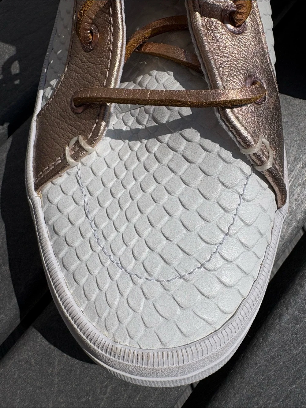 Sperry White Woven Low-Top Sneaker with Metallic Rose Accents